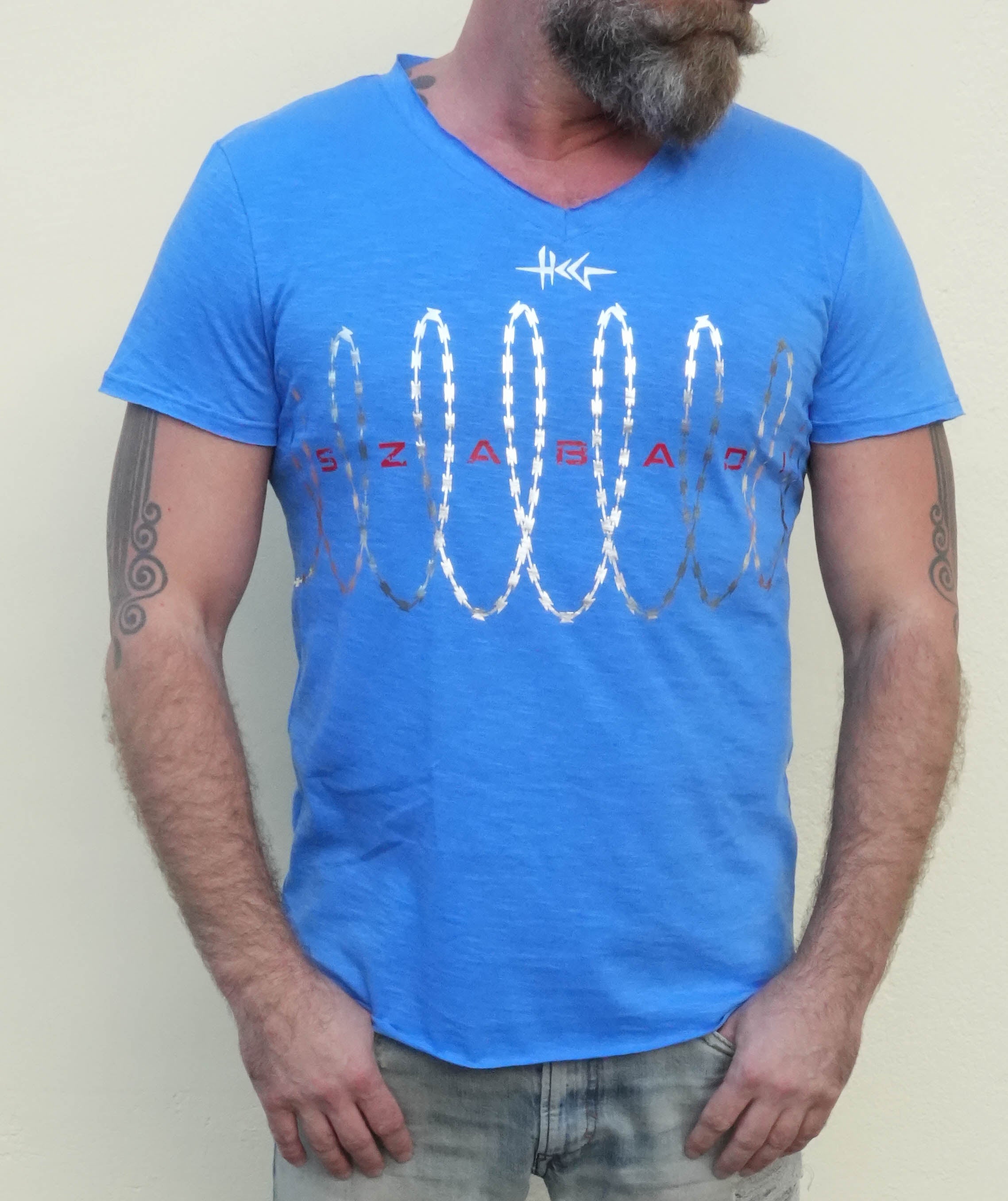 Szögesdrótos SZABADság póló - Azúrkék-ezüst