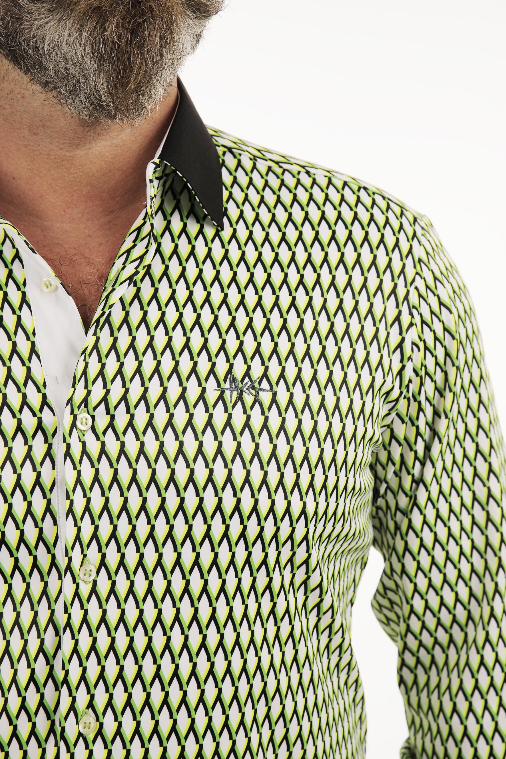 Rácsmintás, pamutszatén férfi ing - zöld/UV-sárga - fekete