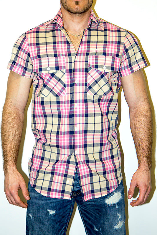 Pink-mogyoró kockás,pamut,rövid ujjú férfi ing