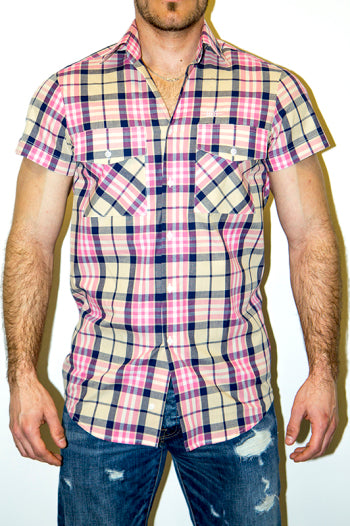 Pink-mogyoró kockás,pamut,rövid ujjú férfi ing